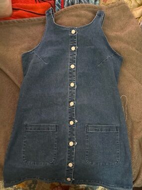 Denim Button-Front Pinafore Dress - Blue